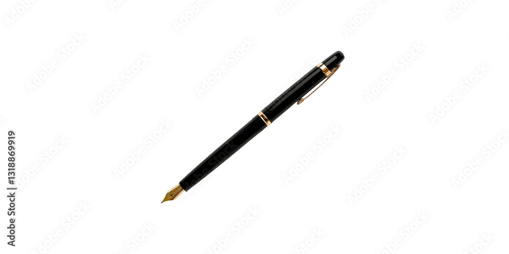 Elegant black fountain pen with gold nib and clip isolated on transparent background Elegant black fountain pen with gold nib and clip isolated on transparent background