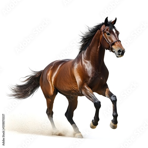 Noble Horse in Motion: A majestic brown horse, exhibiting powerful stride, and muscular physique galloping freely, capturing the essence of equine beauty and freedom.