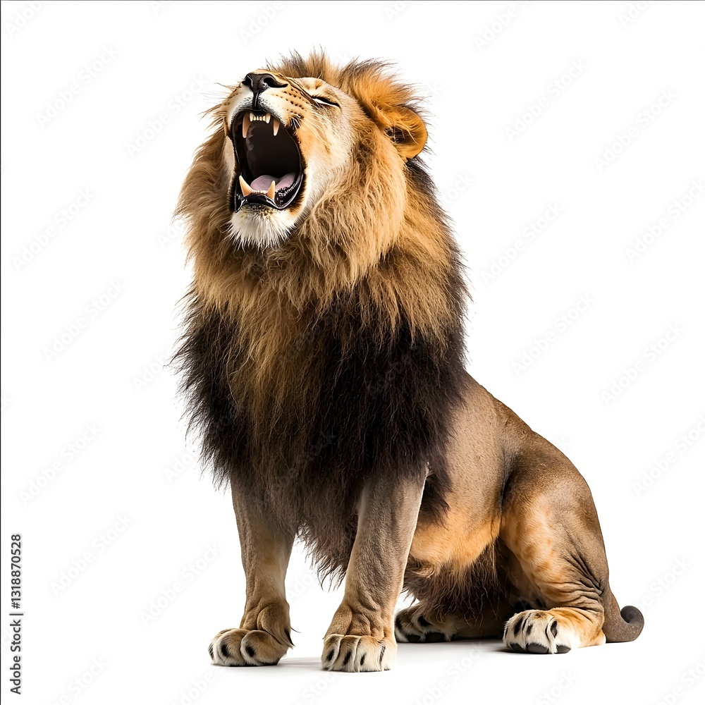Obraz premium Roaring Lion Portrait: A majestic male lion with a magnificent mane roars with powerful energy, showcasing his impressive teeth in a striking studio portrait.