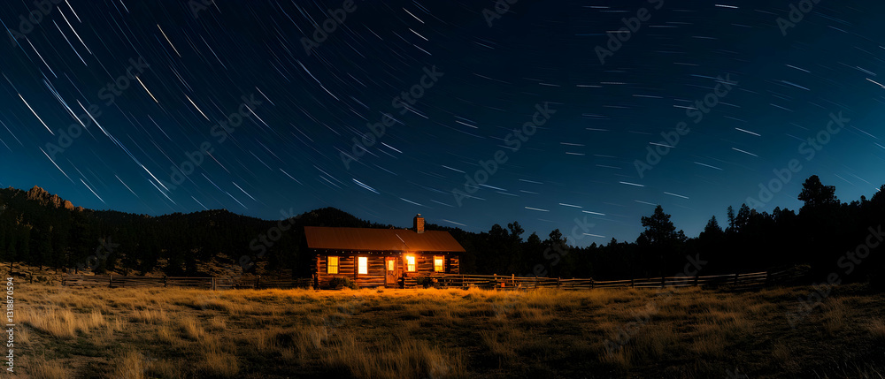 Fototapeta premium Night cabin starscape, mountain field