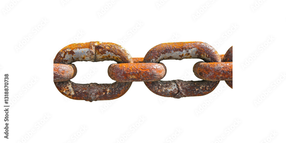 Fototapeta premium Rusty iron chain links connected and corroded over time isolated on transparent background