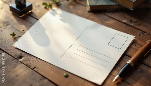 Blank postcard mockup on vintage desk with ink pen, nostalgic aesthetic