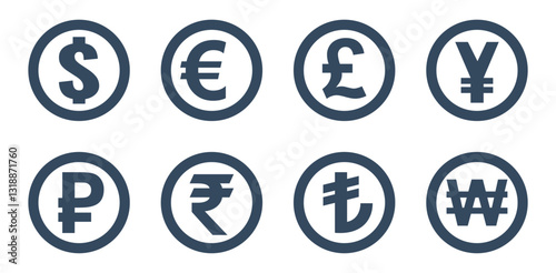 dollar, euro, pound, yen, yuan, rubble, rupee, lira, won, currency coin icons set