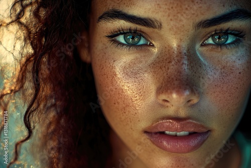 This image features a young woman with freckled skin and bright eyes, captured in an artistic portrait. The close-up shot highlights the fine details of her skin texture and makeup style.