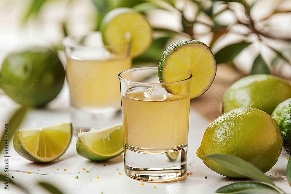 Fototapeta premium Tequila shots with fresh lime, classic citrus cocktail, refreshing alcoholic beverage, party drink, tropical bar concept, premium distilled liquor, summer celebration, mixology creation