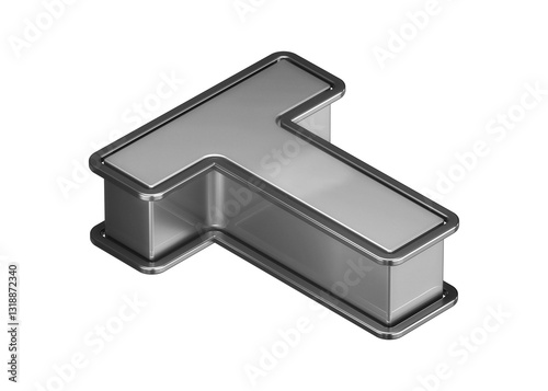 Elegant aluminium lettering letter T. Top view 3D rendering display font suitable for poster, web, advertising and modern design projects.