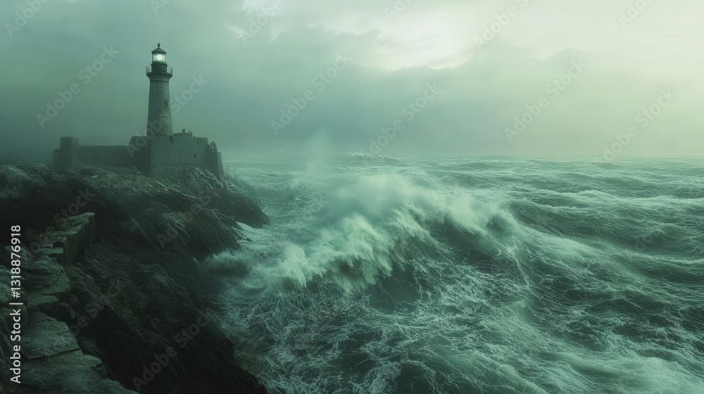 Fototapeta premium Lighthouse Stands Strong Against Tempestuous Ocean Waves