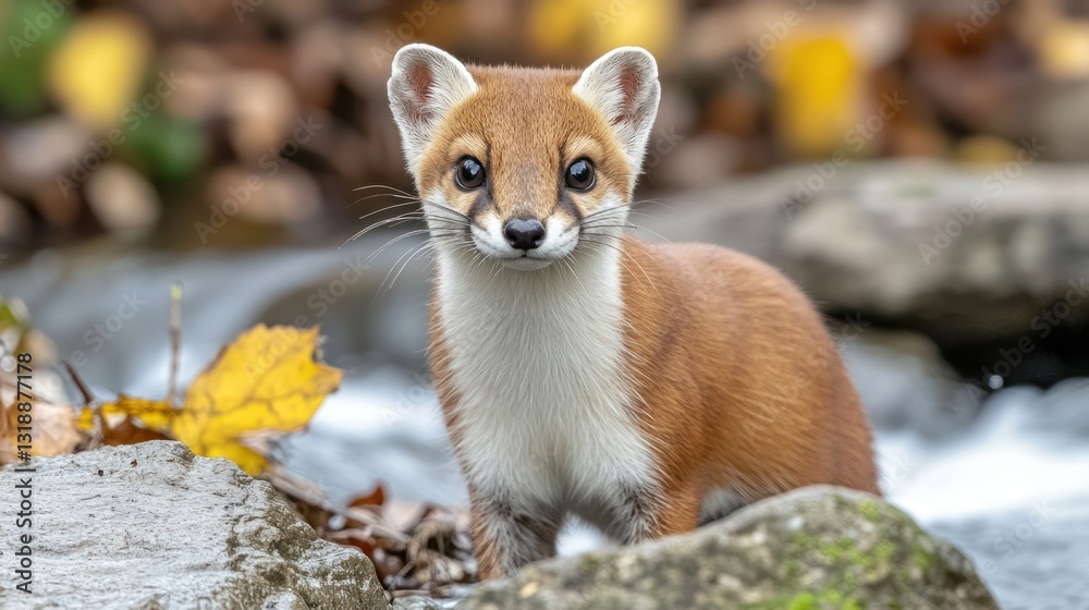 Fototapeta premium Red-faced Sable stares, autumn stream, forest