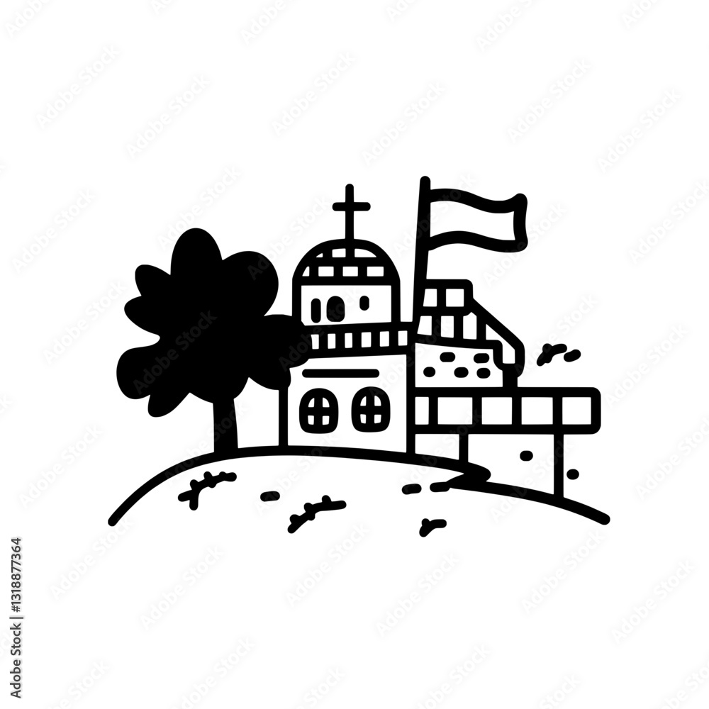 Naklejka premium Charming illustration of a whimsical castle on a hill surrounded by trees against a clear sky