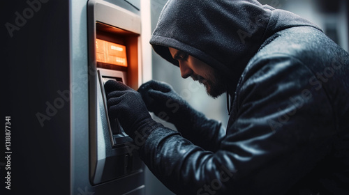 ATM fraud in action. Hooded criminal attempting to hack automated teller machine. Cybercrime, financial security threat concept. Banking system vulnerability, identity theft, illegal cash withdrawal