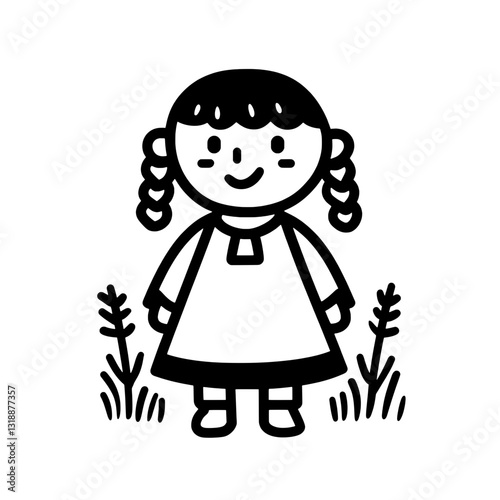 Charming cartoon girl standing in a grassy field with a joyful expression and playful braids in a whimsical black and white vector design