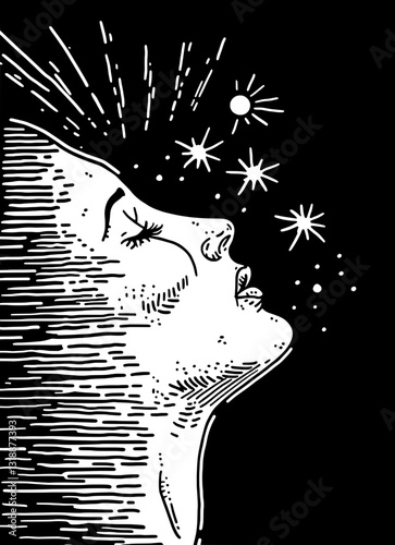 Celestial Awakening: A Vector Illustration of Cosmic Dreams and Inner Reflection