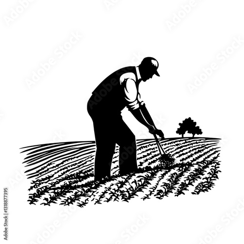Cultivating crops under the warm sun: a farmer tending to his fields with care and dedication in a peaceful rural landscape