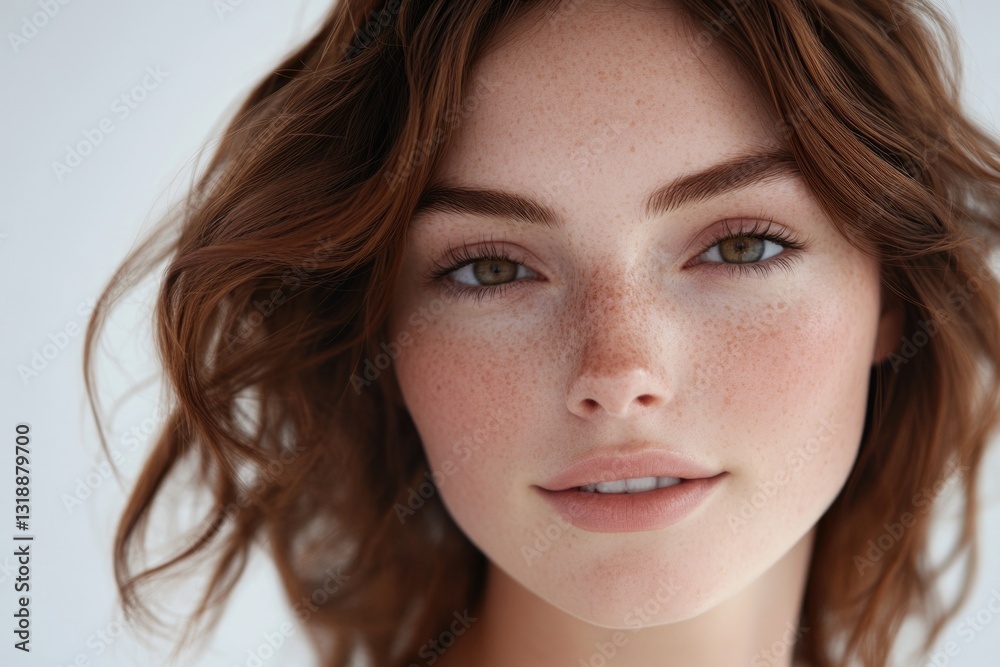 Pretty young woman with freckles looking directly at the camera.