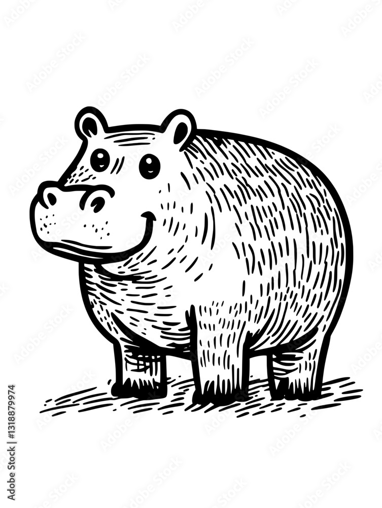 Obraz premium Creative vector illustration of a cheerful hippopotamus in a whimsical landscape setting