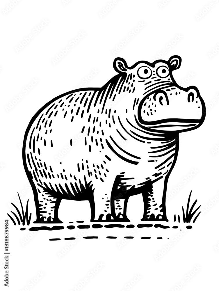 Obraz premium Artistic vector representation of a hippo standing on grassy ground in a whimsical style