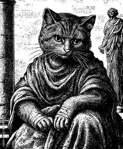 Wise feline philosopher draped in classic robes reflecting on life and art in an ancient setting