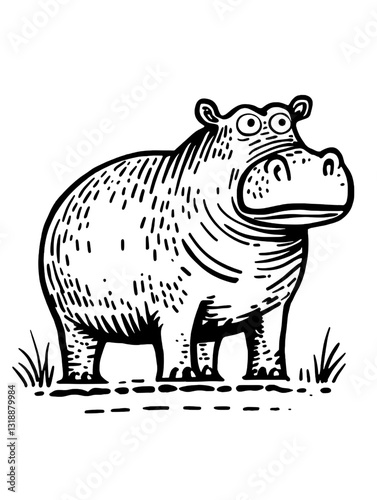 Artistic vector representation of a hippo standing on grassy ground in a whimsical style