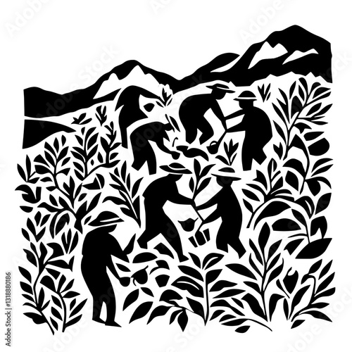 Harvesting fruits in a vibrant valley with farmers working together amid lush greenery and mountains