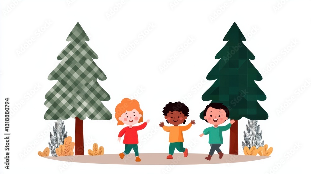 Joyful Children Playing Between Pixel Art Trees Joyful Children Playing Between Pixel Art Trees