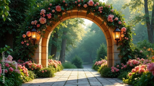 Romantic archway entrance adorned with lush rose vines and illuminated by antique lanterns, leading to a sunlit garden path