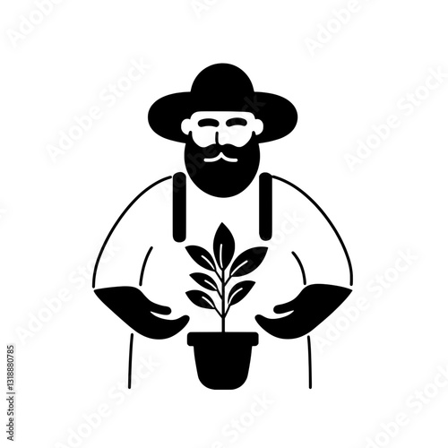 Gardener nurturing a young plant while showcasing his love for horticulture in a minimalistic style