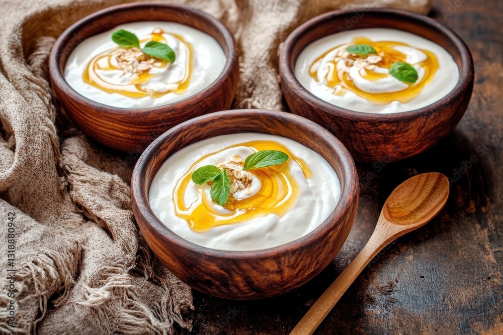 Yogurt with honey Three wooden bowls filled with yogurt, honey, and mint, placed on a textured cloth. Yogurt with honey Three wooden bowls filled with yogurt, honey, and mint, placed on a textured cloth.