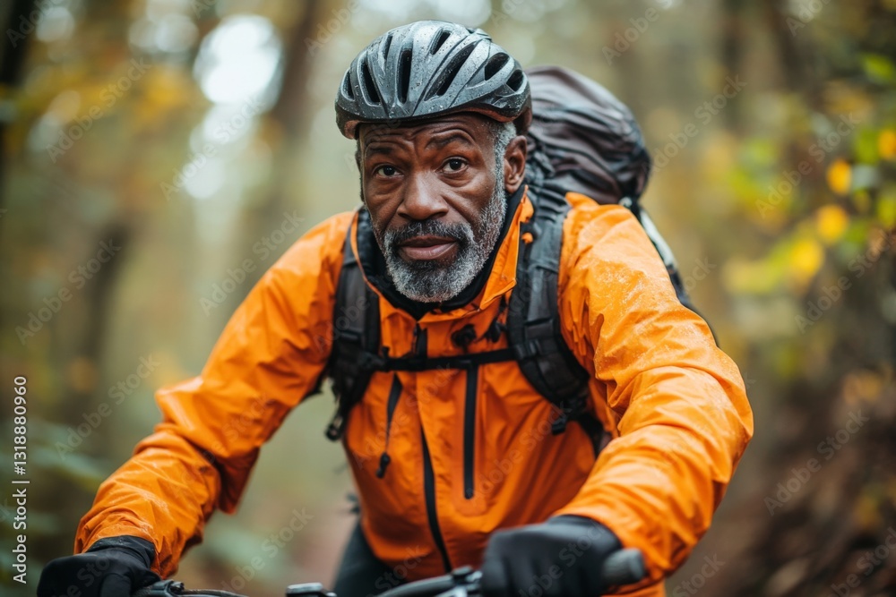 Cyclist navigating through a forest trail during autumn, showcasing skill and passion for mountain biking Cyclist navigating through a forest trail during autumn, showcasing skill and passion for mountain biking