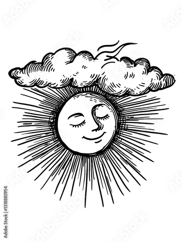Bright sun shining behind fluffy clouds in a whimsical outdoor setting brings feelings of joy and warmth