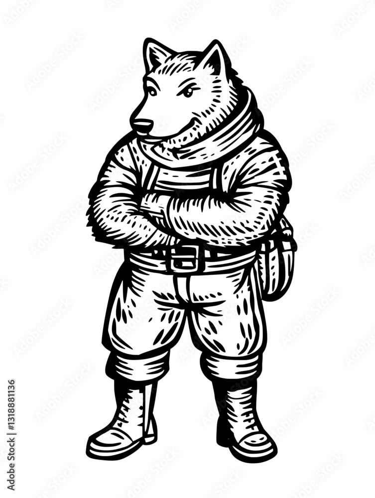 Fototapeta premium Fierce bear character dressed for adventure in cozy attire with an explorer's spirit