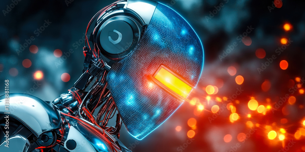 Fototapeta premium Futuristic Robot with Digital Face Display in Virtual Environment with Glowing Lights Motion Concept of Artificial Intelligence