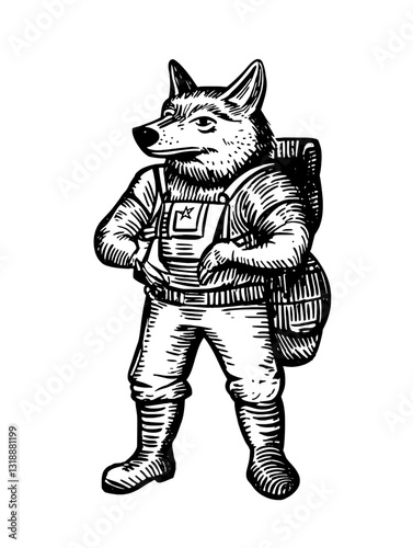 Creative vector illustration of a heroic wolf character dressed as an explorer with a backpack