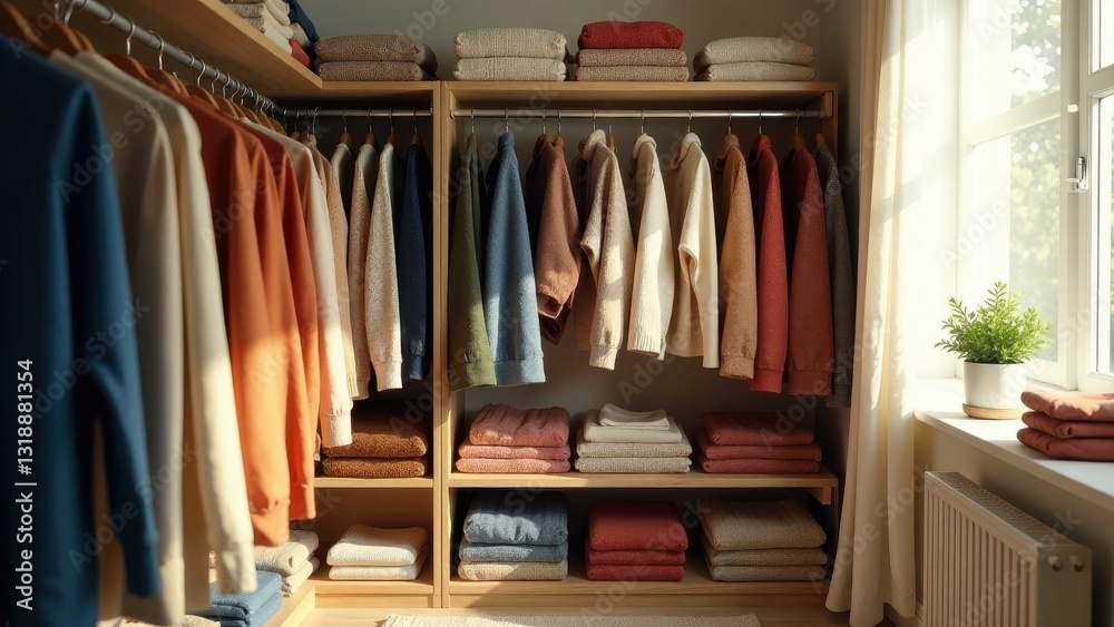 Organized Wardrobe with Neutral-Toned Knitwear and Folded Textiles in a Sunlit Room Organized Wardrobe with Neutral-Toned Knitwear and Folded Textiles in a Sunlit Room