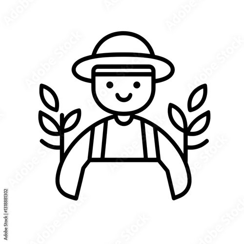 Cheerful farmer tending to vibrant plants in a sunny garden with a straw hat and smile