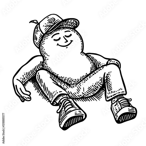 Relaxed character enjoying a carefree moment, embodying a laid-back lifestyle with a hat and casual attire