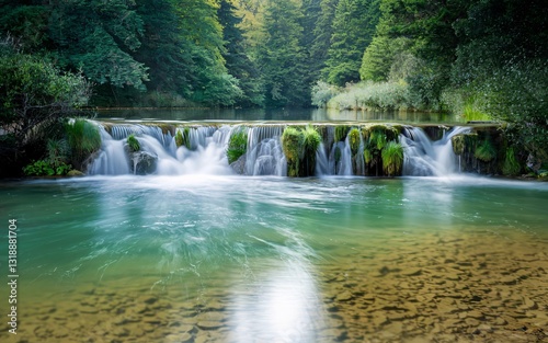 Tranquil waterfall in lush forest
