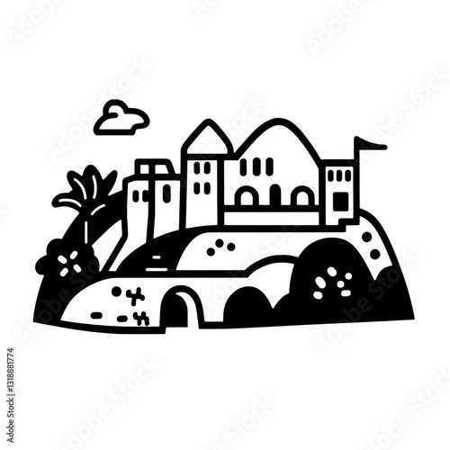 Charming hillside castle with lush greenery and playful clouds under a bright sun in a whimsical vector style