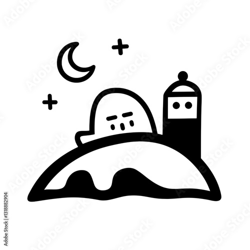 Charming ghost overlooks a whimsical landscape under a crescent moon at night with a castle tower