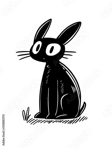 Charming black bunny sitting serenely in a lush meadow under a clear sky during bright daylight hours