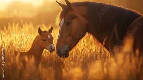 Mother and baby horse, silhouetted against sunset, with tender interaction.