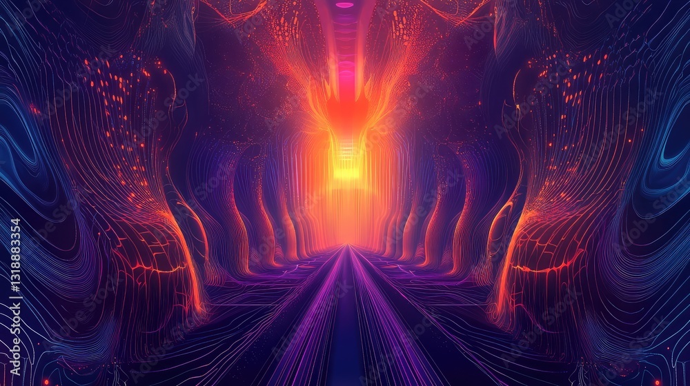 Fototapeta premium A dynamic concert stage with LED lighting, abstract design elements, and glowing patterns, offering ample space for event details or promotional text.