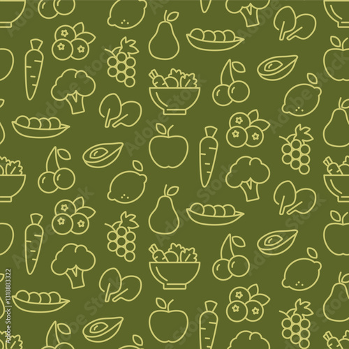 Food background, vegetables and fruits seamless pattern. Healthy eating. Carrot, pepper, broccoli, apple line icons. Vegetarian, farm grocery store.