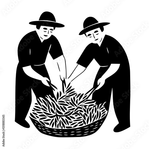 Farmers Gathering Fresh Leaves in a Bountiful Harvest Under a Warm Sun at Midday