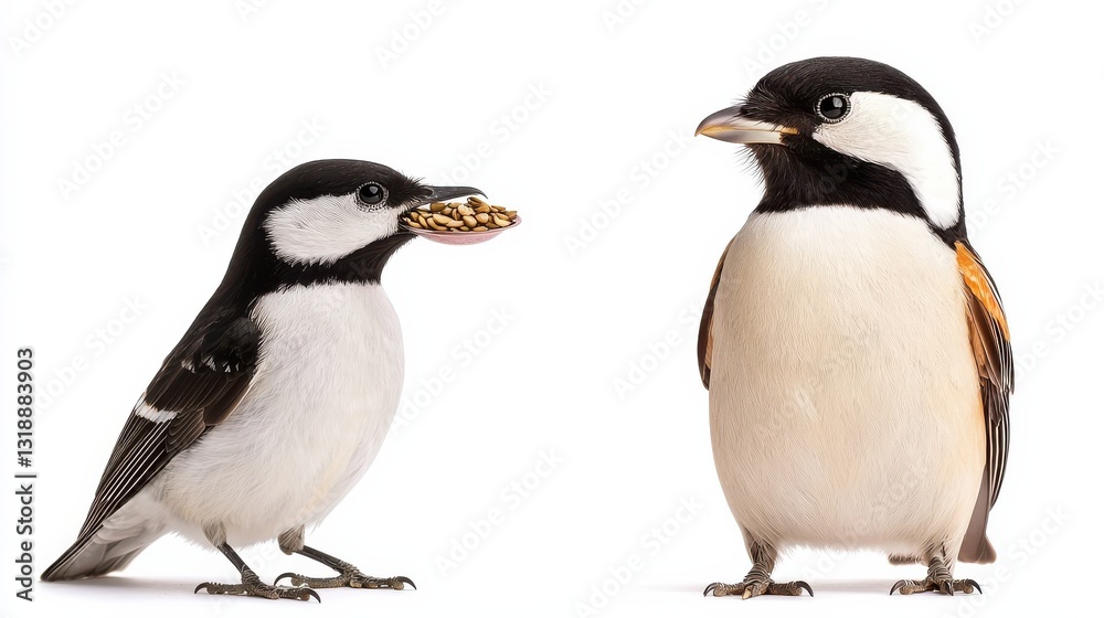 Obraz premium Two Birds Interaction Close Up Studio Shot on White Background