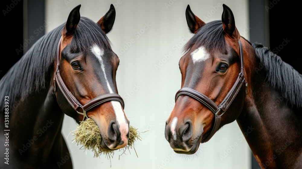 Two Brown Horses Eating Hay in a Stable Two Brown Horses Eating Hay in a Stable