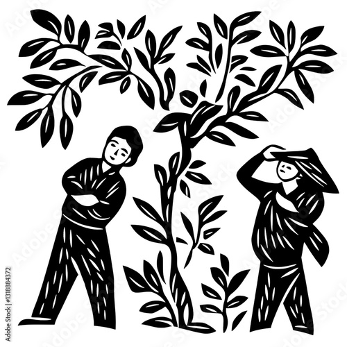Harvesting joy in the orchard with friends surrounded by lush green trees in a sunny ambiance of nature's bounty