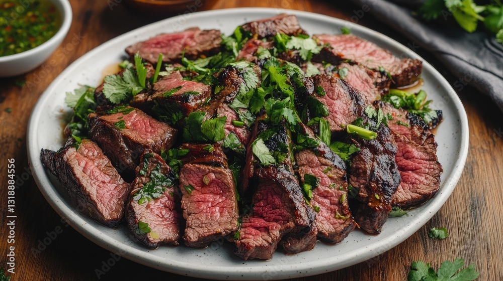 Deliciously Grilled Steak Garnished with Fresh Herbs on a Rustic Plate Deliciously Grilled Steak Garnished with Fresh Herbs on a Rustic Plate