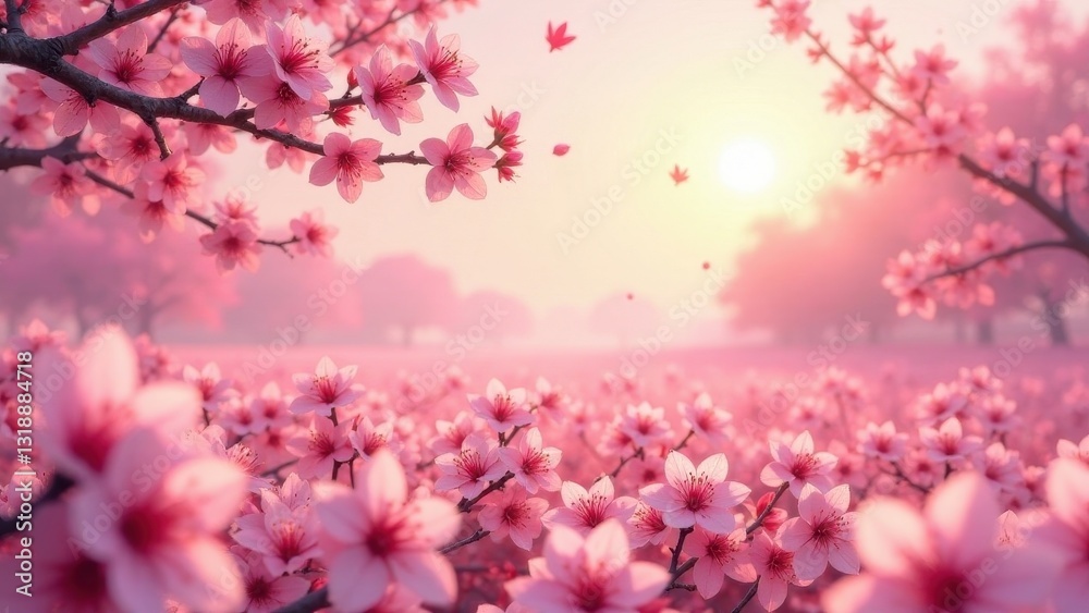 Serene Dawn A Gentle Breeze Whispers Through a Field of Delicate Pink Blossoms, Bathed in the Warm Glow of the Rising Sun Serene Dawn A Gentle Breeze Whispers Through a Field of Delicate Pink Blossoms, Bathed in the Warm Glow of the Rising Sun