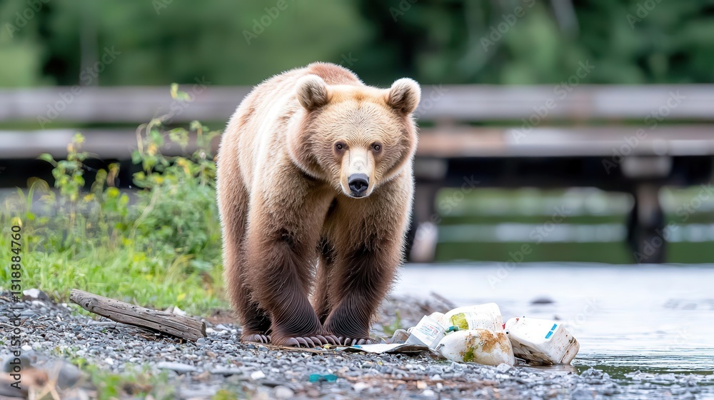 Obraz premium Young Brown Bear Near Lake with Plastic Waste