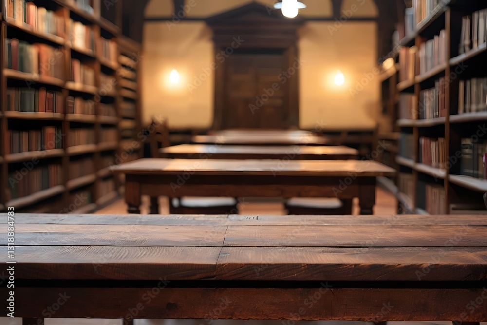 Empty rustic wooden table in the old library with copy space Empty rustic wooden table in the old library with copy space
